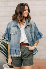 Load image into Gallery viewer, Emelie Ruffle Denim Jacket in Medium Wash