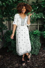 Load image into Gallery viewer, Embroidered Peasant Midi Dress in Ivory