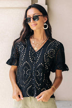 Load image into Gallery viewer, Ruffle Sleeve Eyelet Top in Black